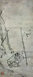 「六祖截竹図」(ろくそさいちくず、りくそせっちくず)紙本墨画、72.7×31.5cm、南宋時代・13世紀、東京国立博物館蔵、重要文化財