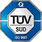 左からSGS、ビューローベリタス、テュフズードの「ISO 9001」認証マーク。それぞれの企業ロゴに「ISO 9001」の表記がされている。
