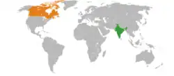 IndiaとCanadaの位置を示した地図