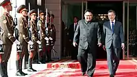 南北首脳会談において、儀仗隊モデルで捧げ銃を行う朝鮮人民軍の儀仗兵(2018年)