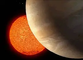 恒星りゅう座ι星(奥)と惑星りゅう座ι星bの想像図。