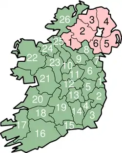 番号付きのアイルランドの地図