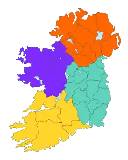 アイルランドの地方（赤：アルスター、紫：コノート、緑：レンスター、黄：マンスター）