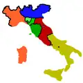 1859年のイタリア。ウィーン会議以降、イタリアには8-12カ国が分立していた。