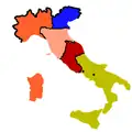 1860年のイタリア。第二次イタリア独立戦争の結果、サルデーニャ王国はロンバルディア州、トスカーナ大公国、モデナ公国、パルマ公国、そして教皇国家のレガツィオーネ地域を併合した。