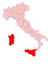 "A picture showing Insular Italy highlighted in red in a political map of Italy."