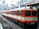 旧色のモハ825+サハ855+モハ815（1988年 松山市駅）