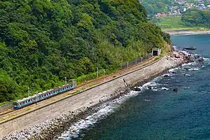 伊豆急行線を走行する8000系電車(2021年8月 伊豆稲取駅 - 今井浜海岸駅間)