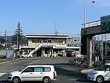水郡線常陸太田駅前から見た常北太田駅跡。手前の道路は国道349号（2009年1月）