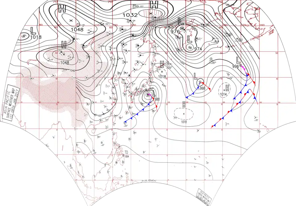 関東の南に南岸低気圧がある天気図。（気象庁によるものを切り取り、2017年1月8日）