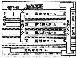 事故現場図解現在とは大きく異なり、京成線ホームが多層化しておらず、京浜東北線・山手線が分離されず東北本線にもホームが存在した。