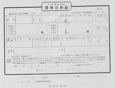 国鉄の貨物引換証。貨物の引渡し時に要する有価証券である。