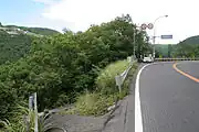 県道上の駅入口。道路標識支柱の場所に四国交通バス停がある(2008年8月)