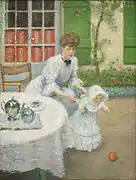 ボール遊びする子供と母親(油絵:1906)