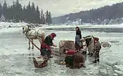 河を覆う氷にあけた穴で洗濯をする人々(ノルウェイ、1891年の絵画)