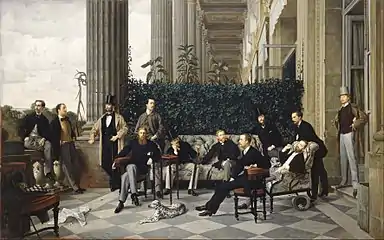 『ロワイヤル通りのサークル』1868年, ジェームズ・ティソ作。エドモン・ド・ポリニャック(フランス語版)公、セザール・ド・フェイ・ド・ラ・トゥール=モブール(フランス語版)侯、シャルル・アス(フランス語版), マルセル・プルースト『失われた時を求めて』のシャルル・スワンのモデル)・・ら、コンコルド広場前ロワイヤル通り側のコワラン館(フランス語版)に集う「"12人の"ロワイヤル通りサークル(フランス語版)」