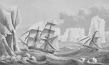Stylised drawing of two sailing ships caught in rough seas, surrounded by towereing icebergs.