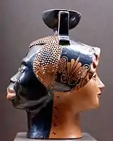 エチオピア人の頭部と女性の頭部、カロス碑文(英語版)付き。 ギリシア・アテネのジャニフォーム(英語版)(前後で2つの顔がある彫刻)で、赤絵式のアリバロイ(英語版)、紀元前520-510年頃。