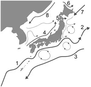日本列島近海の海流1:黒潮、2:黒潮続流、3:黒潮再循環流、4:対馬暖流 5:津軽暖流 6:宗谷暖流 7:親潮 8:リマン寒流