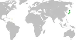 JapanとAntigua and Barbudaの位置を示した地図