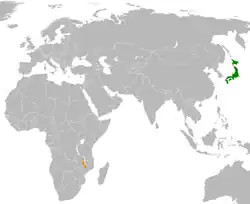 JapanとMalawiの位置を示した地図