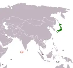 JapanとMaldivesの位置を示した地図