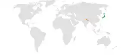 JapanとNepalの位置を示した地図