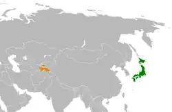 JapanとTajikistanの位置を示した地図