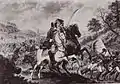 1759年8月12日、クーネルスドルフの戦いでフリードリヒ大王を捕縛の危機から救うプリットヴィッツ。J.F.クレートロウによる銅版画。