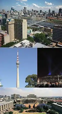 時計回りに:ヨハネスブルグの中心業務地区(CBD)、FNBスタジアム、ウィットウォータズランド大学、センテックタワー
