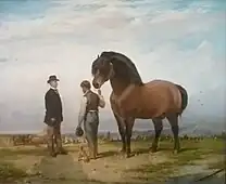 馬、犬と人物のいる収穫風景