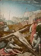 十字架に打ち付けられるキリスト、ウィーン、祭壇画から散逸したパネル絵
