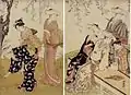 鳥居清長作(1786年)。右端の女の縦縞状の柄に麻柄が取り入れられている。