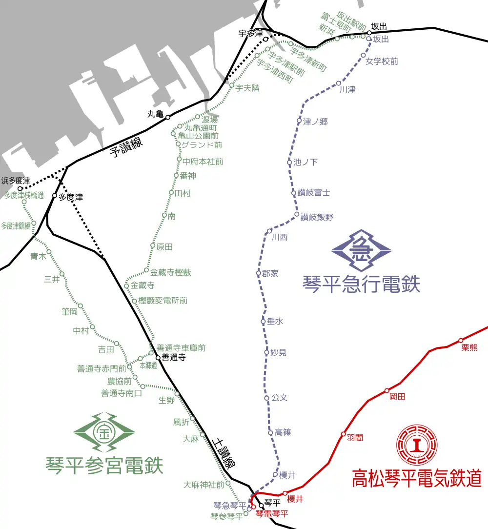 かつての4路線（点線の2路線は廃止）