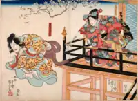 「河連法眼館」 左から四代目中村歌右衛門の源九郎ぎつね、四代目尾上梅幸のしづか御ぜん。弘化4年(1847年)9月、江戸河原崎座。国芳画。