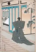 「撰雪六六談 加賀中将 六朔貢」 二代目歌川芳宗画、明治26年(1893年)9月。長裃の後姿を描く。