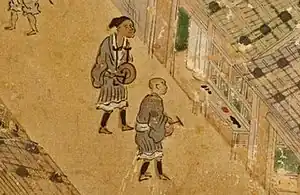 鉦叩、『洛中洛外図屏風』(1520年代、16世紀)