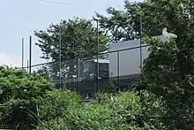 画像左 :蟹江ICのループの茂みに生息するサギと設置されたフェンス画像右 : 高速道路を走るドライバーを驚かせないための処置として、情報板に「鳥飛来注意」を表示、ないしサギの絵を描いた標識を設置した。