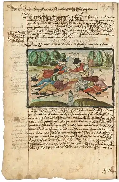 1606年に書かれた宗教改革史の写本。両者がパンとミルクスープを分け合った故事が描かれている。