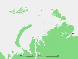 ハタンガ湾内のボリショイ・ベギチェフ島の位置(赤色)