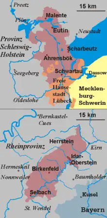ドイツ帝国期におけるオルデンブルク大公国の版図。北部リューベック、ビルケンフェルト