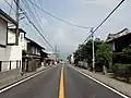 甲州街道を挟んで向かい合う、旧田中銀行（右：瓦葺屋根の建物）と田中家（左）