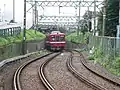 レールの内側に見えるのが脱線防止ガード。曲線部のもの。