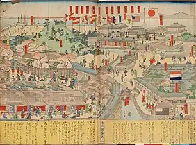 1862年(文久2年)江戸築地鉄砲洲外国人居留区全景。慶應義塾大学発祥、画面中央左側、築山下の平地。