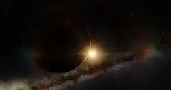 主星とケプラー1229bの想像図。背景には天の川が描かれている。