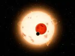 ケプラー16系の想像図。黒い丸がケプラー16(AB)b。
