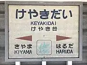 駅名標（ケヤキのイラストが描かれている）
