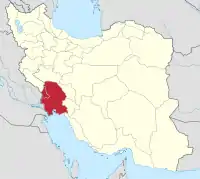 イランにおけるフーゼスターン(塗りつぶし部)。