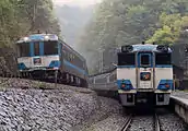 坪尻駅で交換するキハ185系「南風」52号（左）とキハ181系「南風」5号（右）（1990年 坪尻駅）