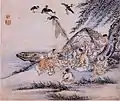 19世紀初頭の絵画『江邊會飮』（金得臣画）。漁師たちが河辺でフェを食べている